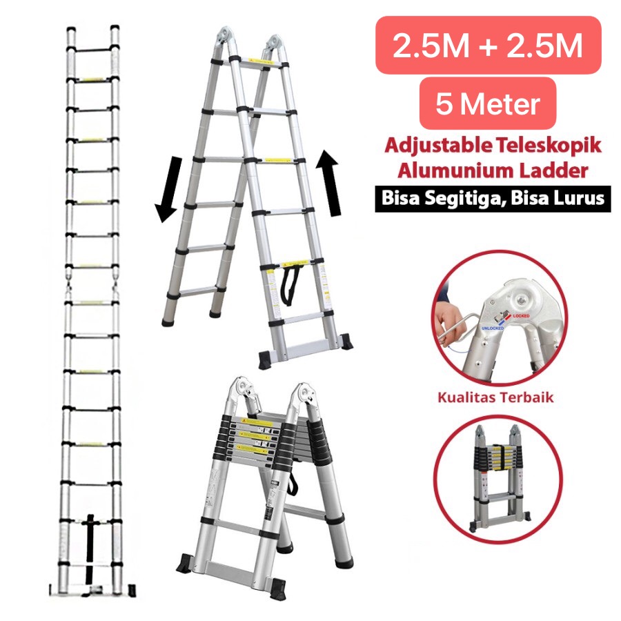 ART-073 2,5 Meter - 5 Meter Tangga Lipat Teleskopik Double Side Telescopic Aluminium Ladder Bisa Dijadikan Tangga 1 Sisi 5 Meter