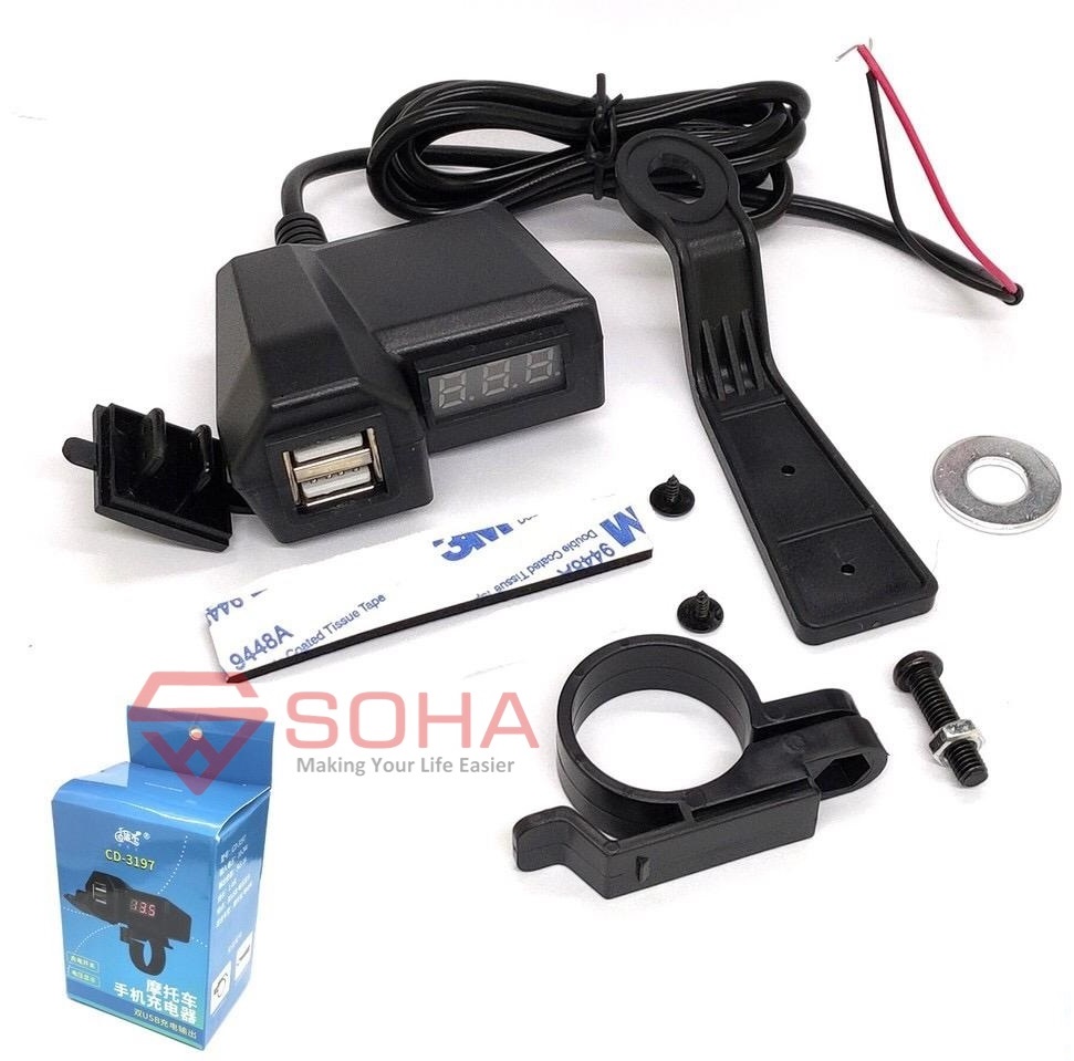MLD-008 Charger Motor Voltmeter 2 USB Cas HP di Motor Stang Motor Spion Motor Casan 3.1A WaterProof YF-178