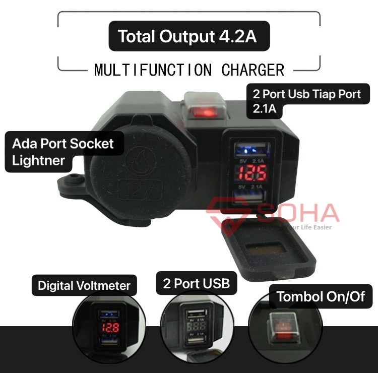 MLD-3028 Charger Motor 2 Port USB Voltmeter Digital Display Dengan Socket Lighter Casan Motor 4.2A MLD-009