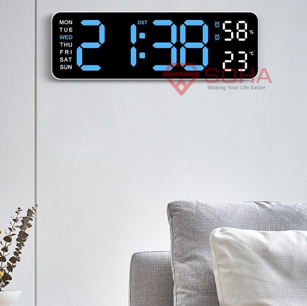 JD-5503 Biru Jam Dinding Angka Besar Alarm Suhu Temperatur Cek Humidity Ruang 12/24 Jam 2 Alarm Warna Warni
