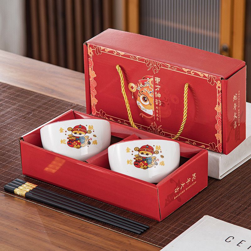 ART-057 2 Bowl Ular B Hampers Imlek Kado Natal Souvenir Gift Hadiah Ceramic Tableware Set Mangkok Sumpit Keramik Tahun Baru Chineses New Year