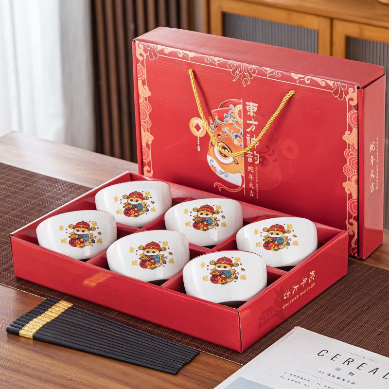 ART-057 6 Bowl Ular B Hampers Imlek Kado Natal Souvenir Gift Hadiah Ceramic Tableware Set Mangkok Sumpit Keramik Tahun Baru Chineses New Year