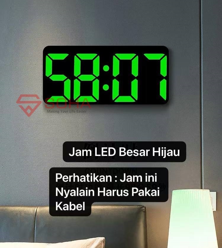 JD-2804 Hijau Jam Digital Besar Cocok Buat Bengkel Gudang Jam Dinding Kalender Alarm Weker Countdown Hitung Mundur