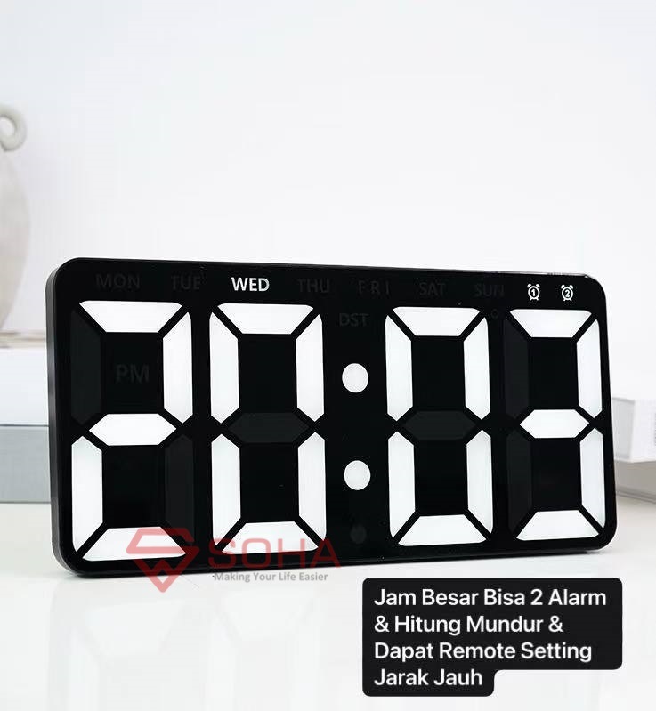 JD-2804 Putih Jam LED Besar Jam Pabrik Jam Gudang Meja Fitur Alarm Countdown Dapat Remote Bisa Setting Jarak Jauh