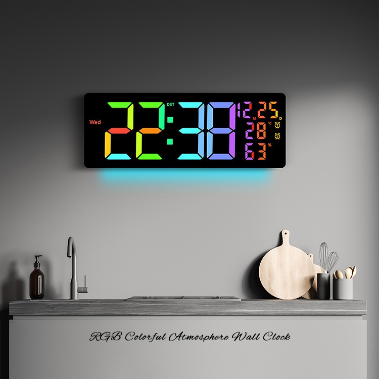 JD-6669 RGB Jam Dinding Digital Ada Lampu Malam RGB Design Mewah Dekor Rumah Kantor Tamu Alarm Suhu Kelembapan Ruangan