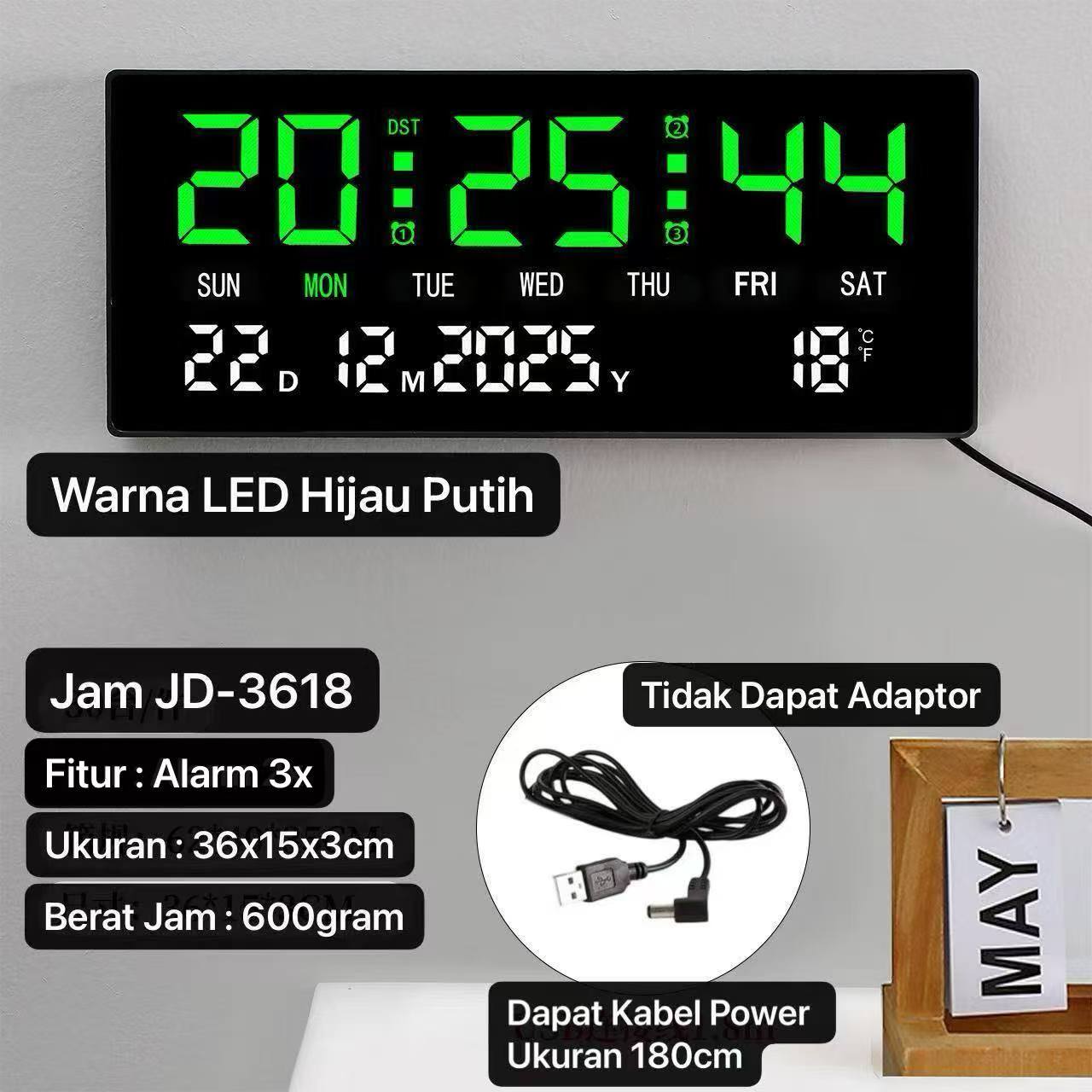 JD- 3618 LED Hijau Putih Jam Digital LED Clock Dinding / Meja Fitur Kalender Alarm Weker Smart Watch Tampilan Jelas