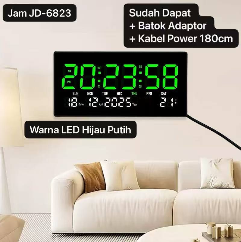 JD- 6823 LED Hijau Putih Jam Dinding Digital Layar Besar 47 x 23 cm LED CLOCK WALL Dinding / Meja Smart Watch Kalender & Alarm