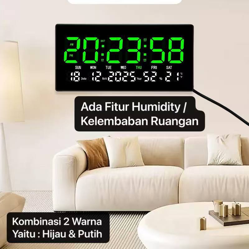 JD- 6823 LED Hijau Putih Jam Dinding Digital Layar Besar 47 x 23 cm LED CLOCK WALL Dinding Kalender &  Alarm & Suhu & Humidity
