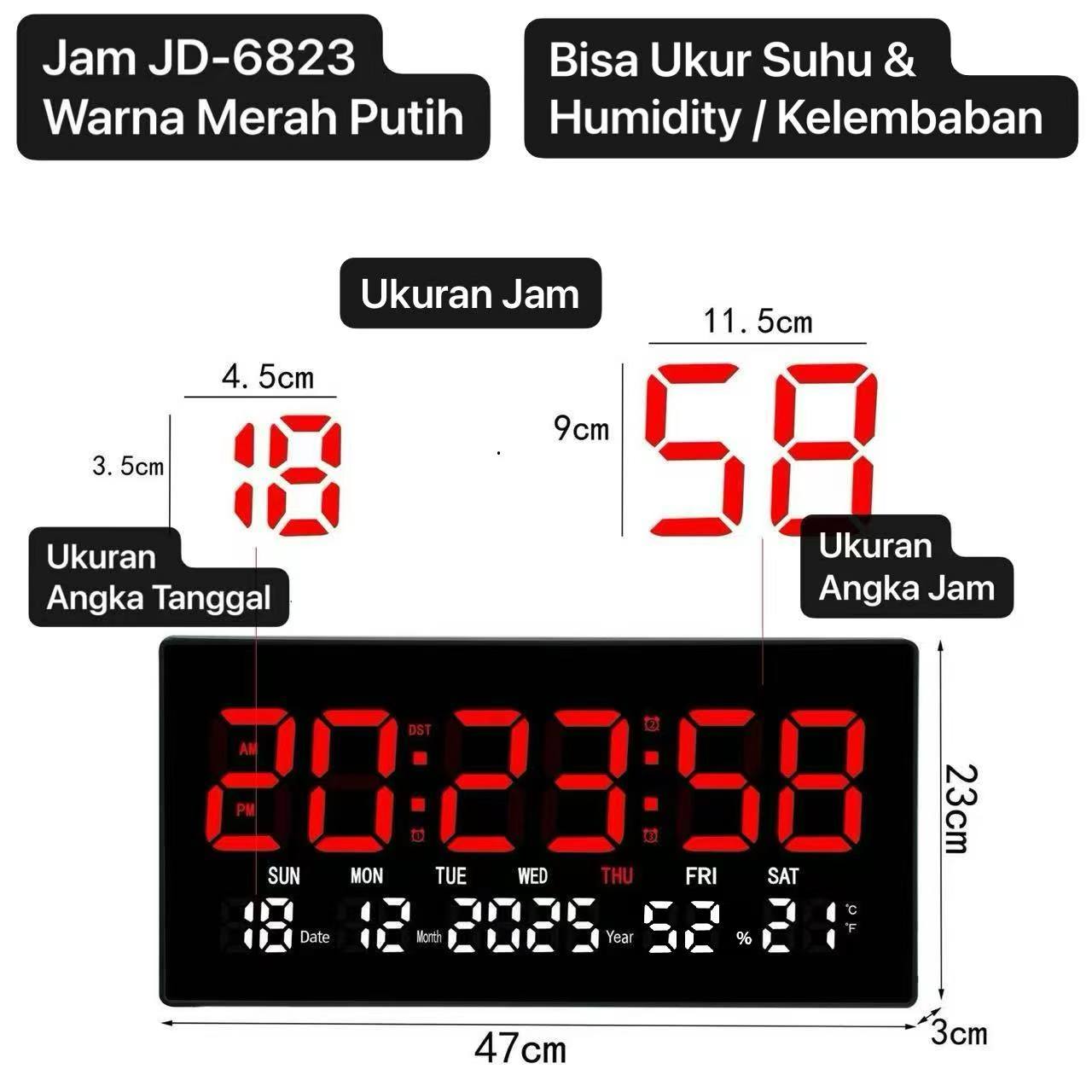 JD- 6823 LED Merah Putih Jam Dinding Digital Layar Besar 47 x 23 cm LED CLOCK WALL Dinding / Meja Smart Watch Kalender & Alarm