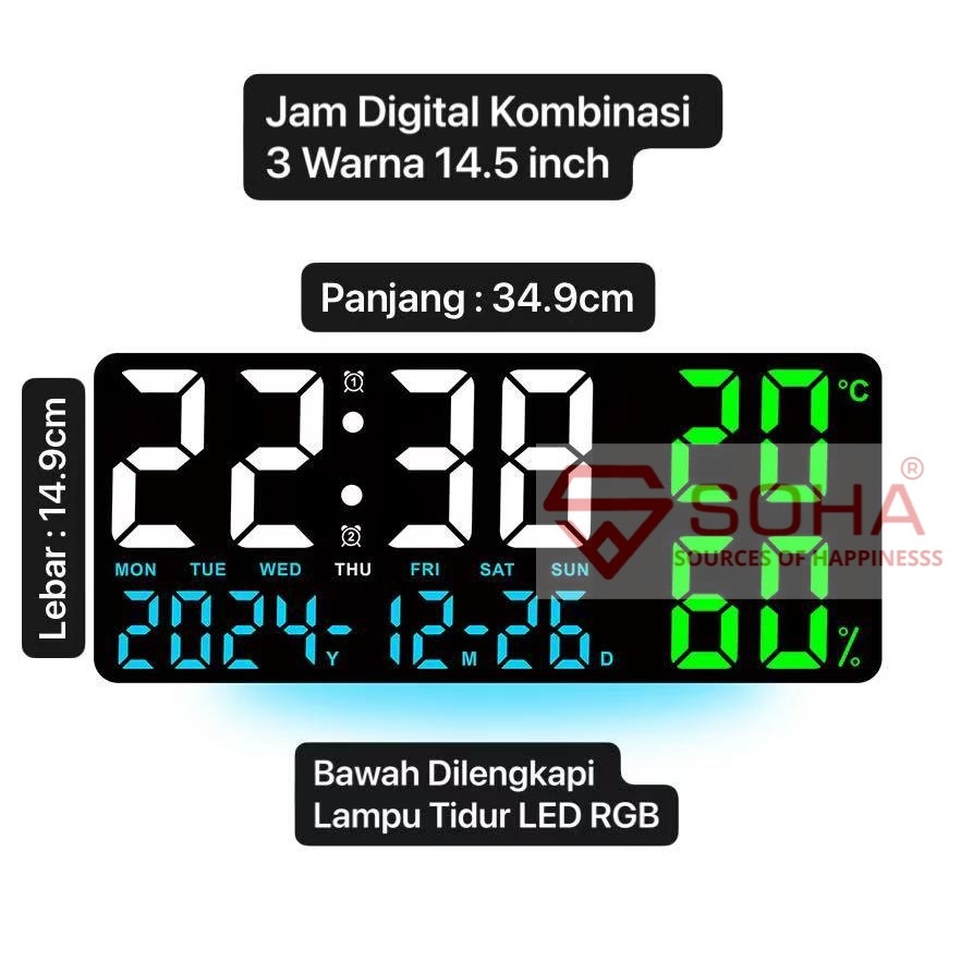 JD-9002 Jam Dinding Digital Ada Lampu Malam RGB Design Mewah Dekor Rumah Kantor Tamu Alarm Suhu Kelembapan Ruangan