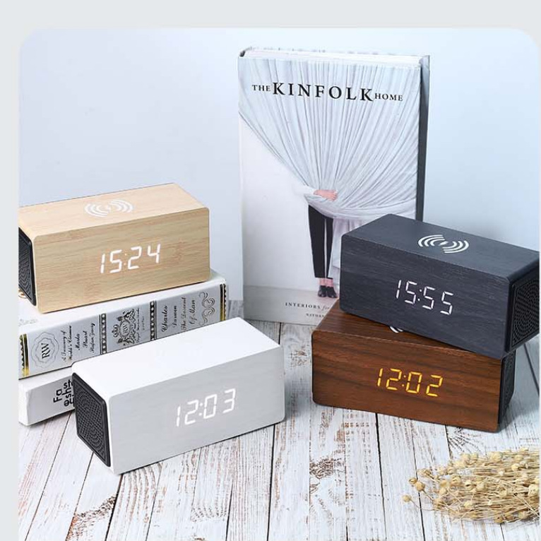 JD-22 Jam Meja Motif Kayu Jam Kayu Digital Wooded Alarm LED Clock Weker Suhu Tanggal Jam Speaker Wireless Charger