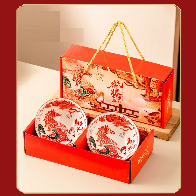 ART-057 2 Bowl Kuda Hampers Imlek Kado Natal Souvenir Gift Hadiah Ceramic Tableware Set Mangkok Sumpit Keramik Tahun Baru Chineses New Year