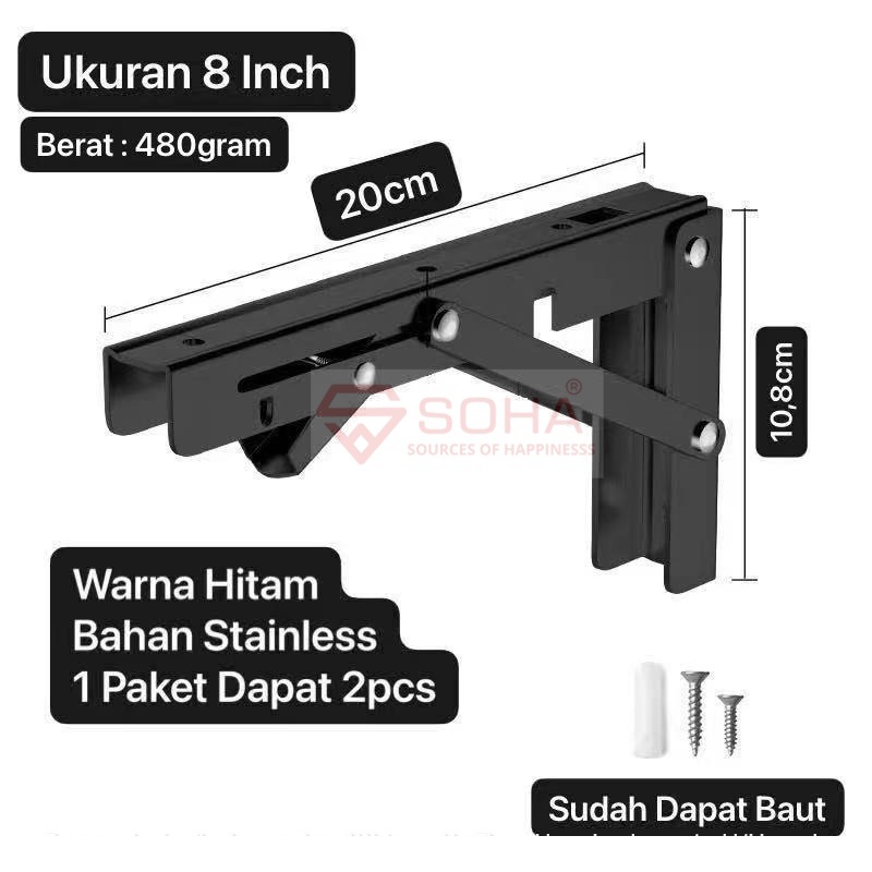 TK-52 8 Inch Hitam Siku Meja Lipat Dinding Stainless Bracket Engsel Rak Lipat Meja Lipat Penyangga Rak Dinding