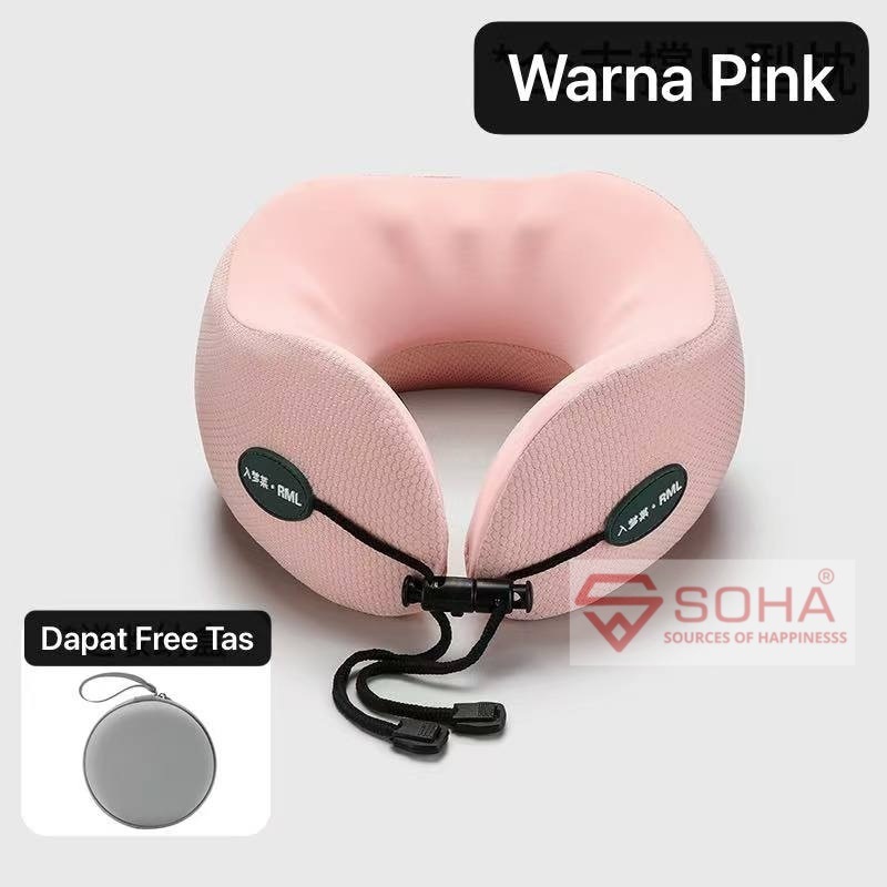 ART-089 Pink Bantal Leher Ergonomis 360° U-Shape Travel Neck Pillow Bahan Memory Form Tebal & Lembut & Nyaman