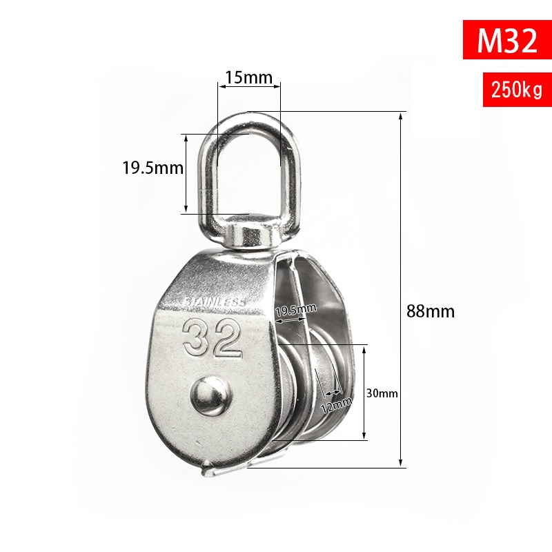 TK-48 M32 Katrol Double 2 Sheave Stainless Steel 304 Double Wheel Kuat Kerekan Mini Ganda