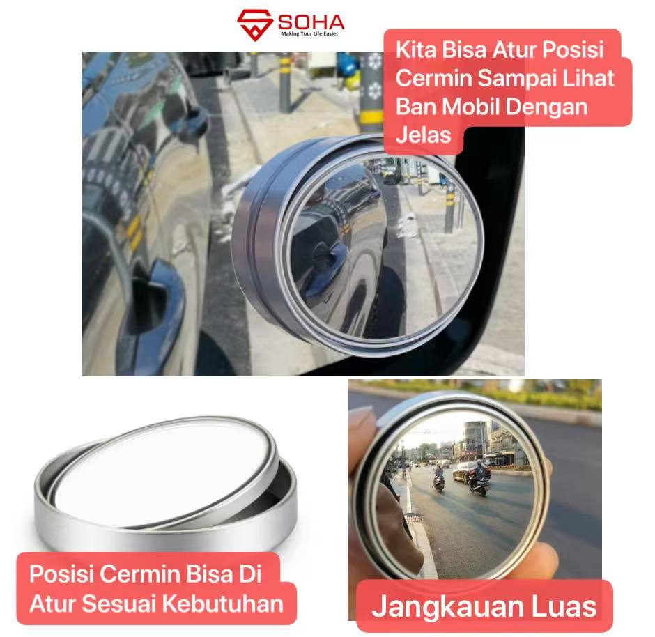 AM-95 Silver - Spion Blind Spot Mirror Kaca Cembung 2pcs Spion Mobil Tambahan Universal Spion Cermin Bulat