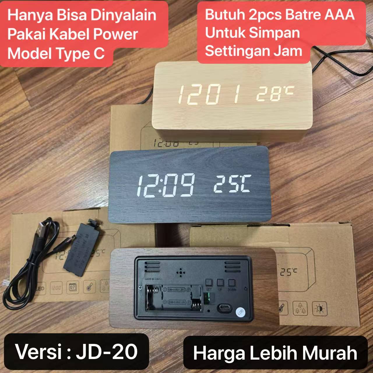 JD-20 Hitam Jam Meja Motif Kayu Digital Led Weker / Desain Wood Alarm LED Clock Waker Suhu temperature date Tanggal Jam Kerja