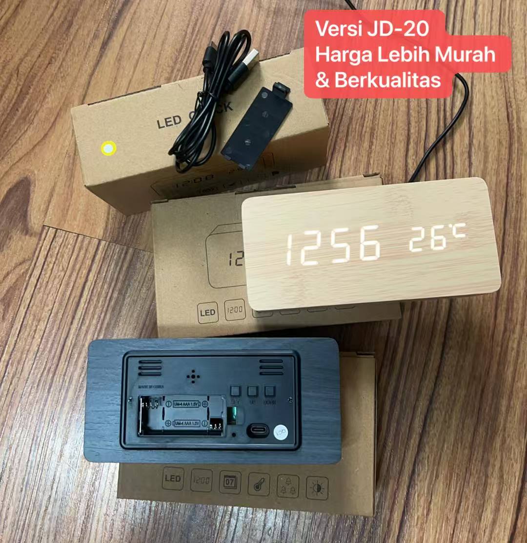 JD-20 Coklat Muda Jam Meja Motif Kayu Digital Led Weker / Desain Wood Alarm LED Clock Waker Suhu temperature date Tanggal Jam Kerja