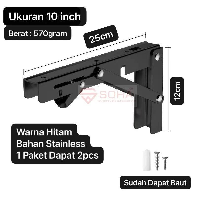TK-52 10 Inch Hitam Siku Meja Lipat Dinding Stainless Bracket Engsel Rak Lipat Meja Lipat Penyangga Rak Dinding