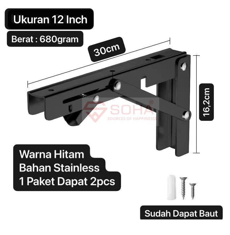 TK-52 12 Inch Hitam Siku Meja Lipat Dinding Stainless Bracket Engsel Rak Lipat Meja Lipat Penyangga Rak Dinding