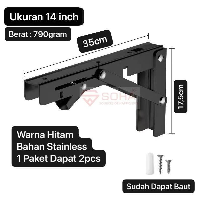 TK-52 14 Inch Hitam Bracket Meja Lipat Dinding Stainless Steel Engsel Siku Rak Lipat Meja Lipat Heavy Duty