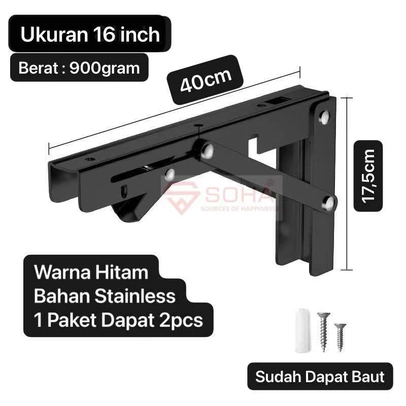 TK-52 16 Inch Hitam Siku Rak Lipat Stainless 304 Engsel Rak Lipat / Bracket Meja Dinding Lipat Kokoh Minimalis