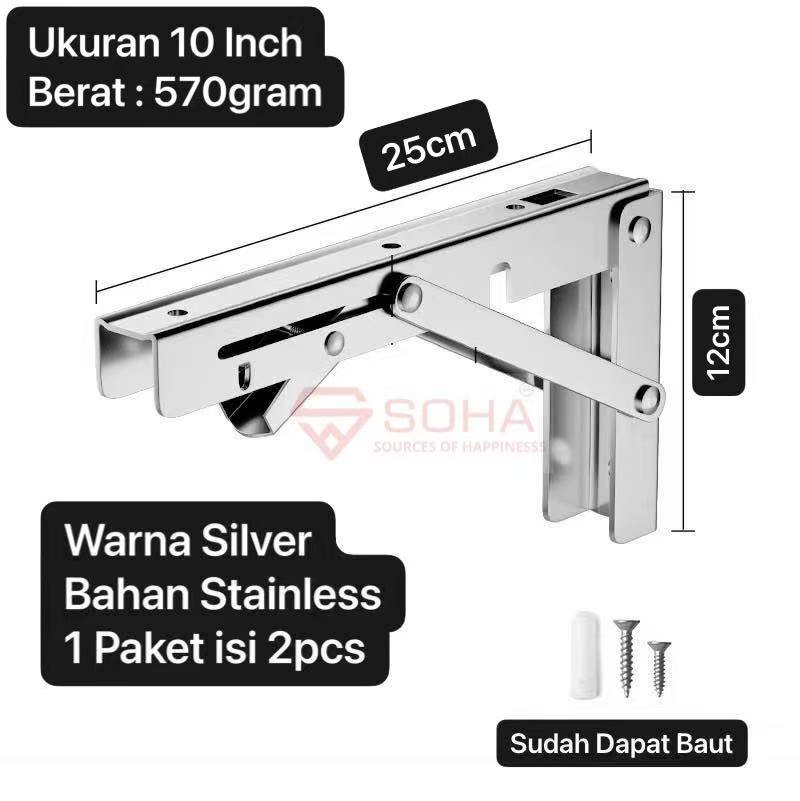 TK-52 10 Inch Silver Siku Meja Lipat Dinding Stainless Bracket Engsel Rak Lipat Meja Lipat Penyangga Rak Dinding
