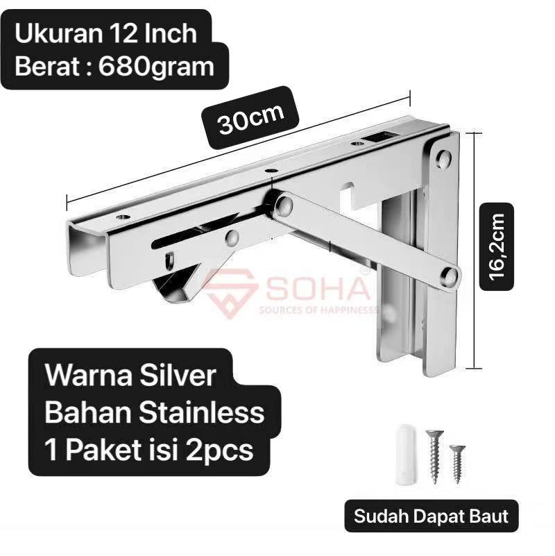 TK-52 12 Inch Silver Siku Meja Lipat Dinding Stainless Bracket Engsel Rak Lipat Meja Lipat Penyangga Rak Dinding