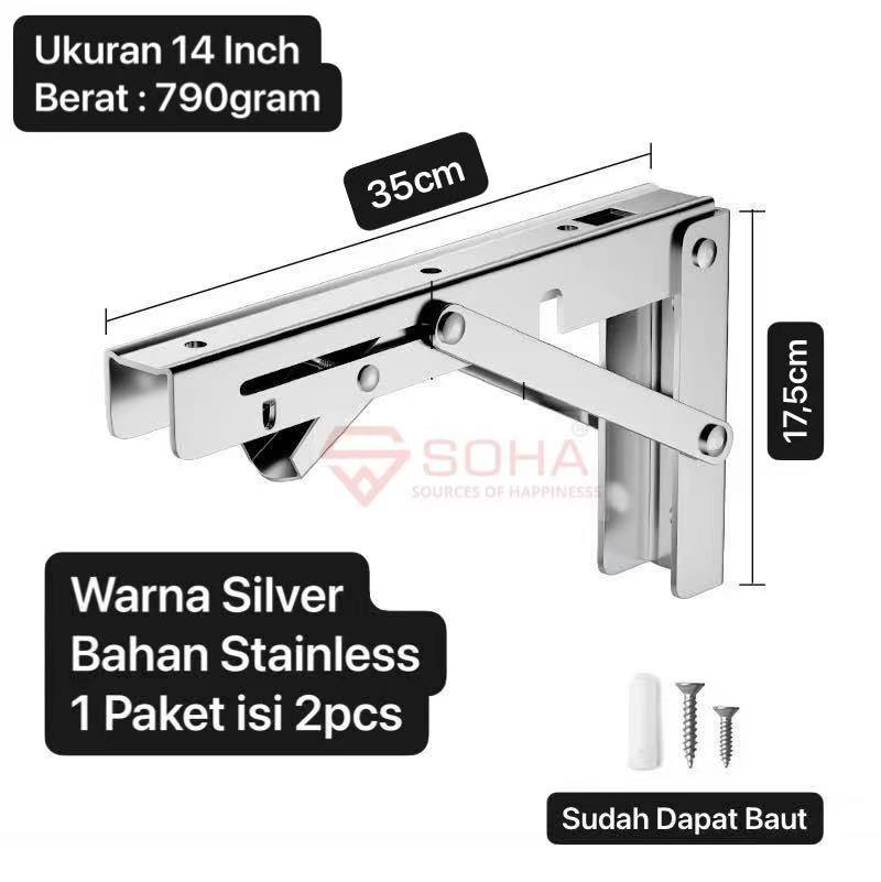 TK-52 14 Inch Silver Siku Meja Lipat Dinding Stainless Bracket Engsel Rak Lipat Meja Lipat Penyangga Rak Dinding