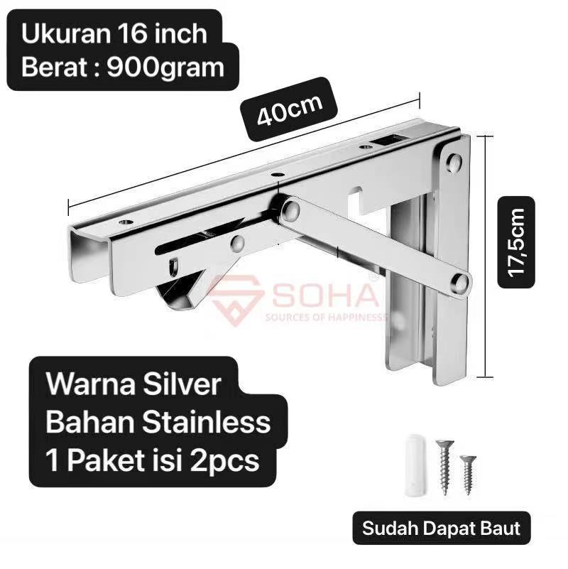 TK-52 16 Inch Silver Siku Rak Lipat Stainless 304 Engsel Rak Lipat / Bracket Meja Dinding Lipat Kokoh Minimalis