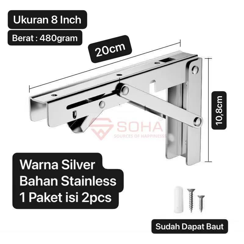 TK-52 8 Inch Silver Siku Meja Lipat Dinding Stainless Bracket Engsel Rak Lipat Meja Lipat Penyangga Rak Dinding