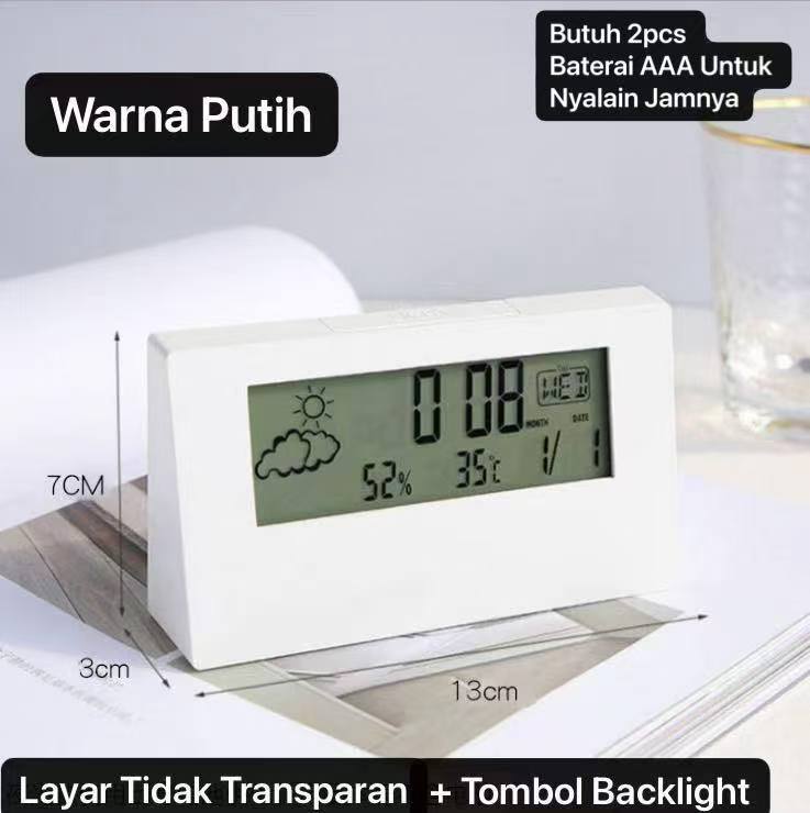 JD-618G - Putih Jam Meja Digital Fitur Tanggal Suhu Humidity Weker Alarm Tampil Cuaca Cocok Souvenir Acara - Tidak Transparan
