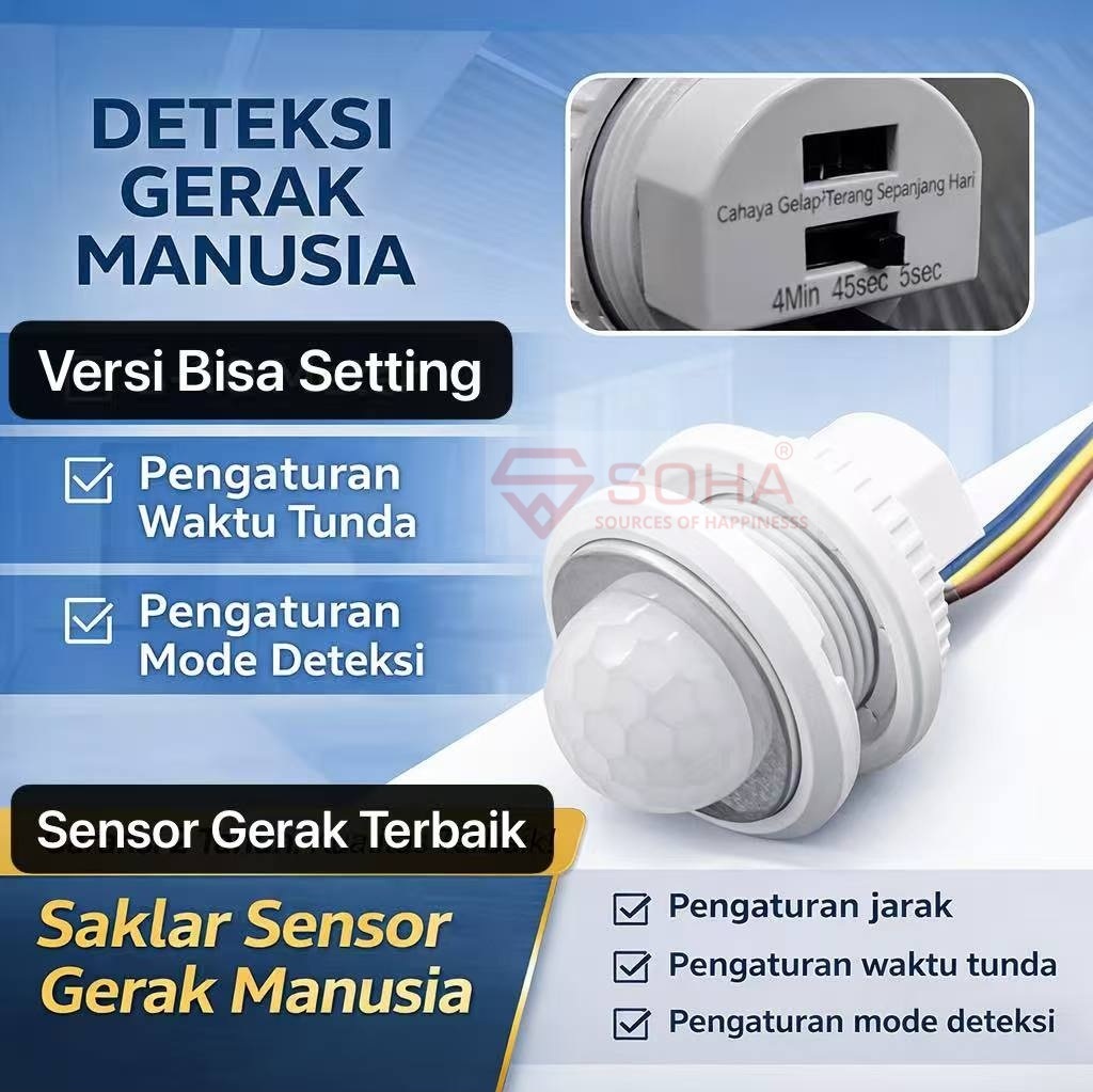 ART-091 Setting Sensor Gerak PIR Lampu Otomatis 220V Sensor Lampu Motion Sensor Infrared Plafon
