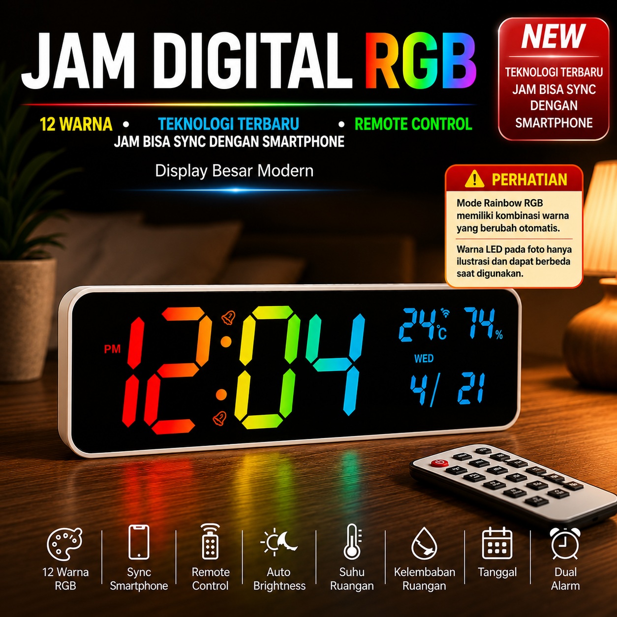 Jam Digital LED RGB Dapat Remote Fitur Konek HP & Alarm Suhu Kelembaban Kalender Alarm Modern JD-9120