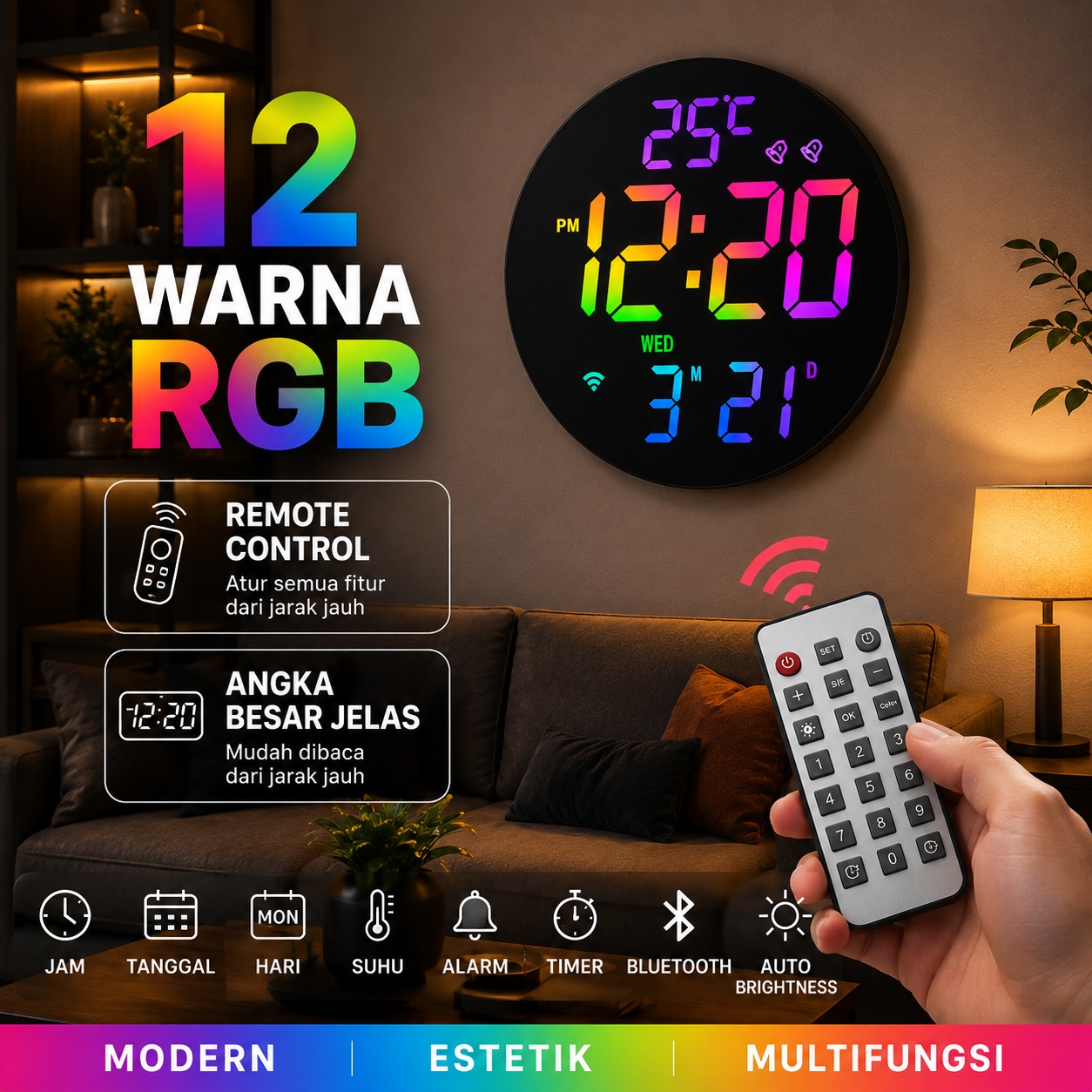 Jam Dinding Digital LED RGB Warna Warni Auto Sync Free Remote Alarm Timer JD-9130