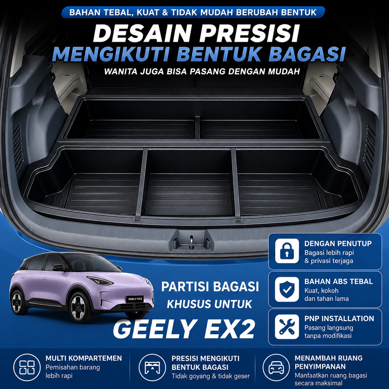 AM-110 Partisi Bagasi Belakang Untuk Mobil Geely EX2 Box Storage Trunk Organizer ABS Dengan Penutup Penyimpanan Mobil