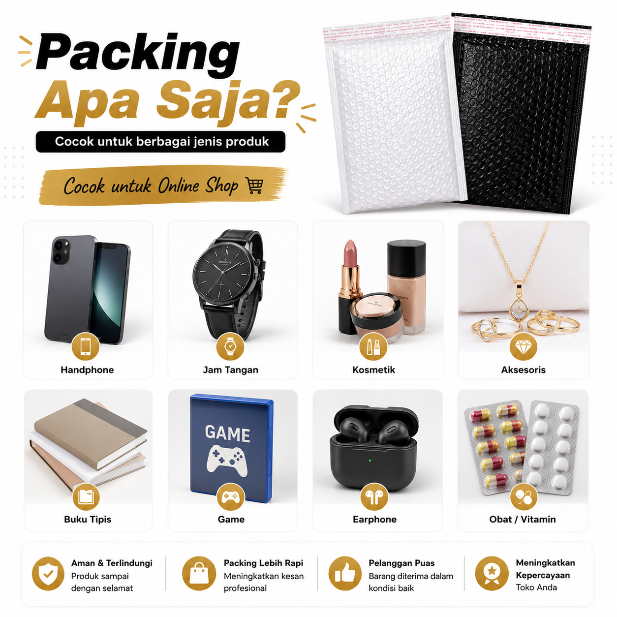 Putih - 25 x 35 Bubble Mailer Polos Plastik Packing Amplop Bubble Waterproof Shockproof / Polymailer Bubble PW-18