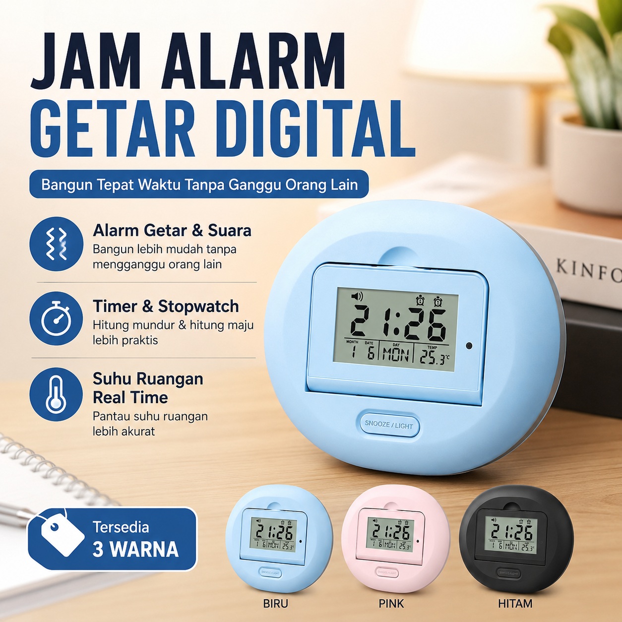 Jam Alarm Getar Digital LCD Meja Belajar Kamar Tidur Timer Countdown Stopwatch Suhu Tanggal Snooze Backlight - JD-9118