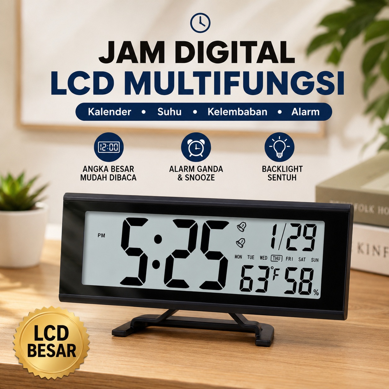 Jam Alarm Digital LCD Meja Nyalain Pakai Baterai Kalender, Suhu & Kelembaban Backlight Sentuh 2 Alarm Snooze - JD-9127E