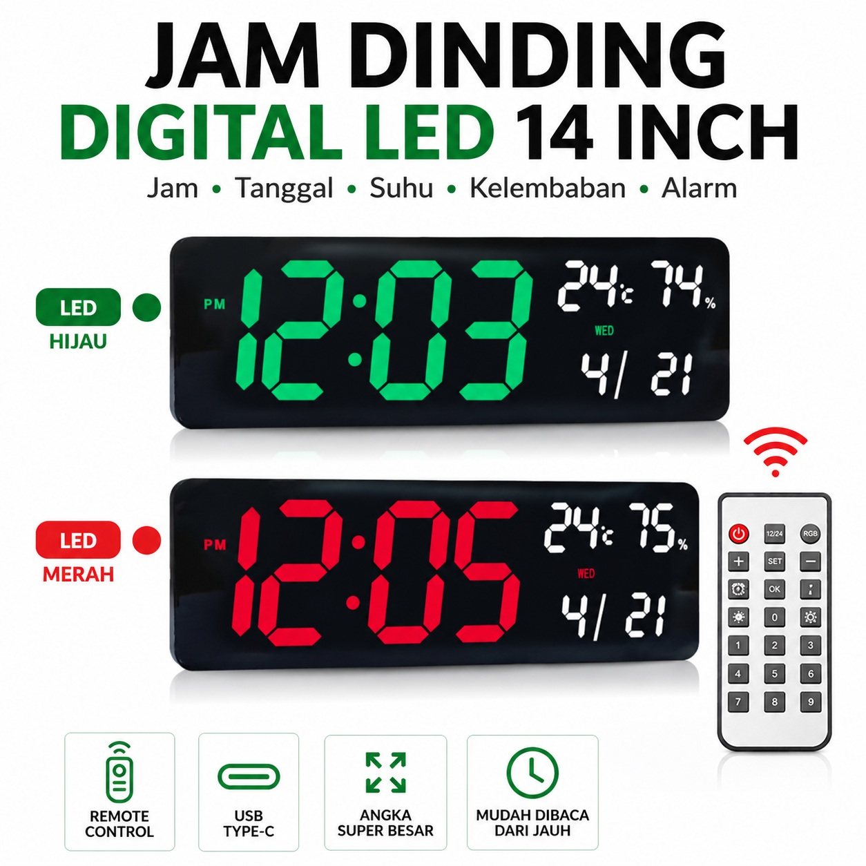 Jam Dinding Digital LED 14 Inch Remote Control Temperatur Kelembaban Kalender Alarm JD-9136 USB Type-C