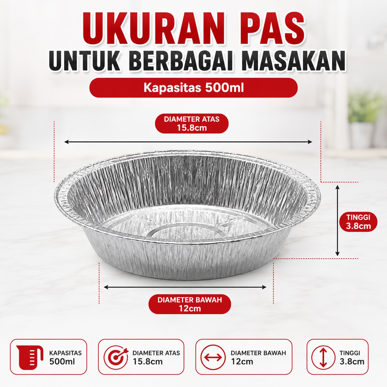 Mangkuk Aluminium Foil 500ml Bulat Isi 10pcs Wadah Air Fryer Oven Baking Loyang Sekali Pakai PW-17