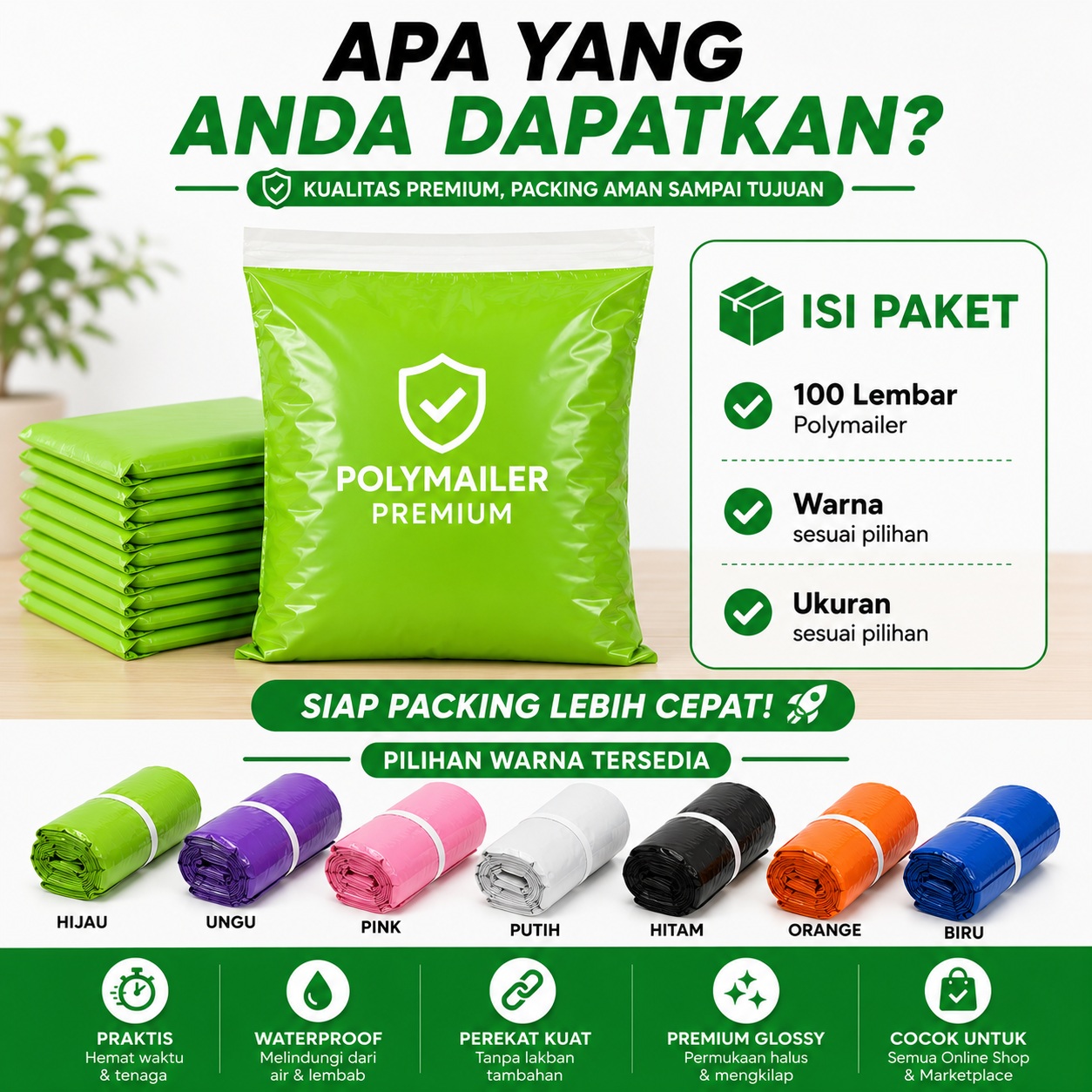 PW-19 Hijau 20x30 Polymailer Kantong Plastik Packing Online Shop 100 Lembar LDPE Premium Tebal Glossy Anti Air Perekat Kuat