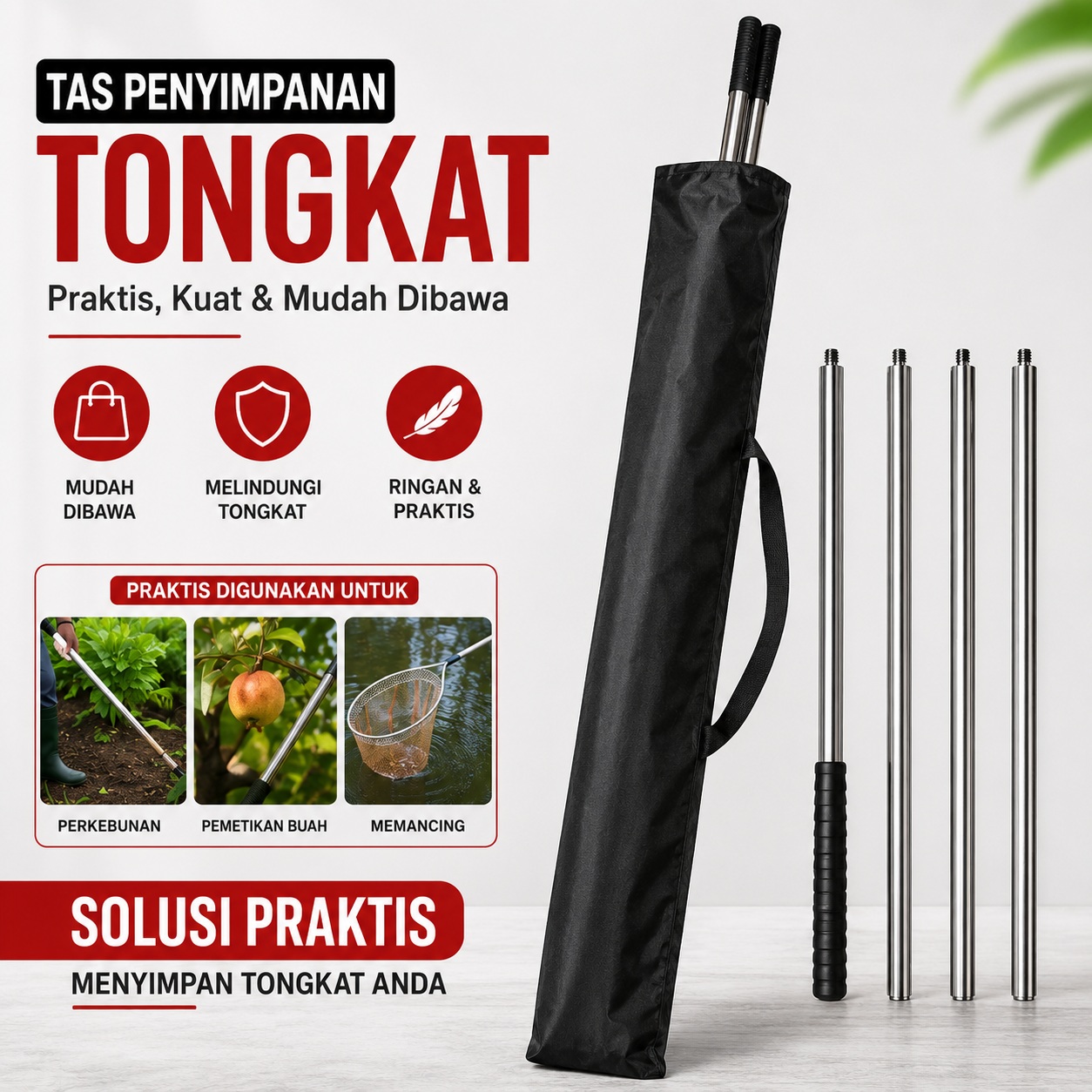 PCK-24 Tas Hitam Untuk Penyimpanan Tongkat Petik Buah Per 1 Meter Bahan Stainless Steel Bisa Pasang Gergaji Sabit Jaring Buat Kait Cocok Berkebun