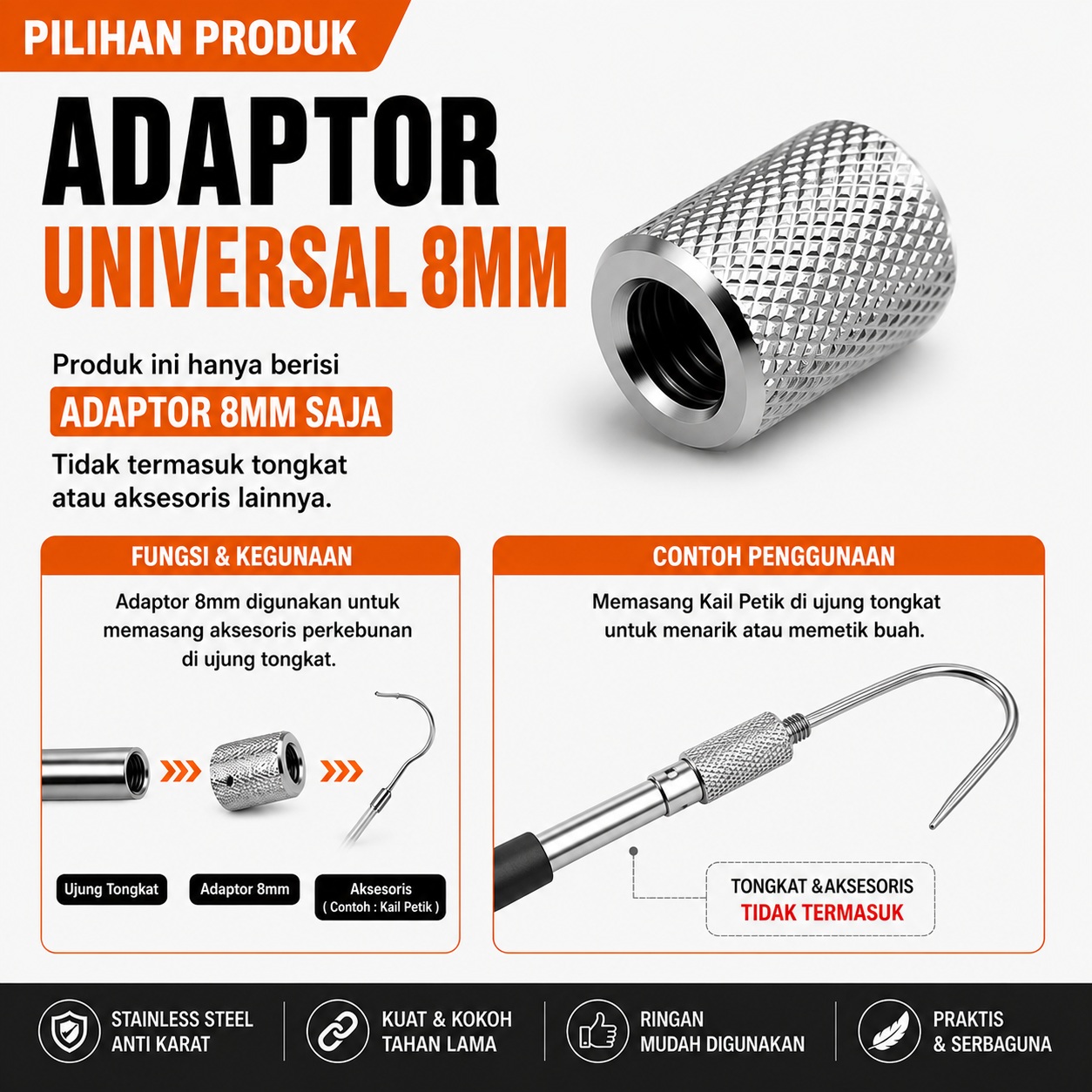 PCK-23 Adaptor 8mm Ujung Tongkat Petik Buah Di Sambung Per 1 Meter Bahan Stainless Steel Bisa Pasang Gergaji Sabit Jaring Buat Kait Cocok Berkebun