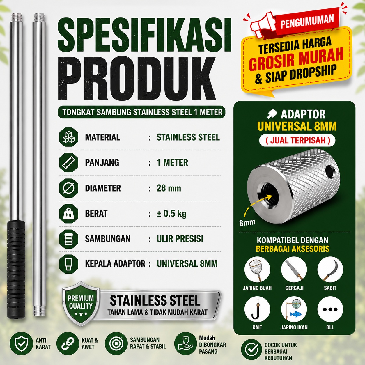 PCK-21 Tongkat Petik Buah Bisa Di Sambung Per 1 Meter Bahan Stainless Steel Bisa Pasang Gergaji Sabit Jaring Buat Kait Cocok Berkebun