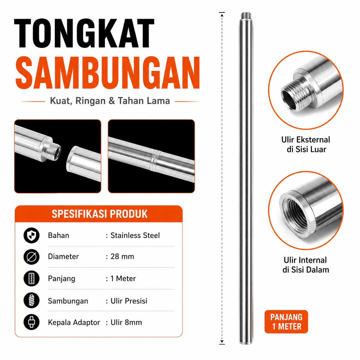 PCK-22 Tongkat Sambungan Petik Buah Bisa Di Sambung Per 1 Meter Bahan Stainless Steel Bisa Pasang Gergaji Sabit Jaring Buat Kait Cocok Berkebun