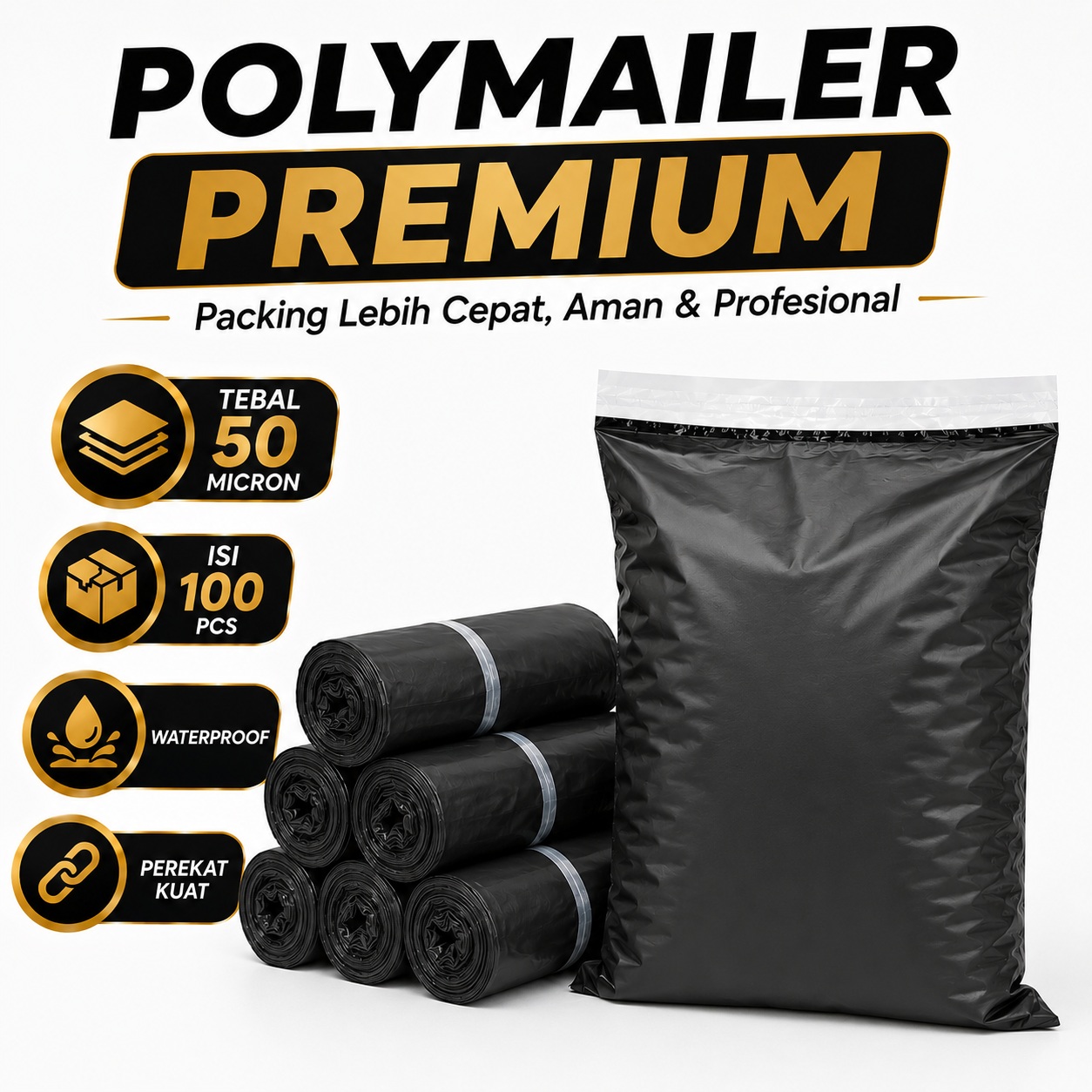 PW-19 Hitam 20x30 Polymailer Kantong Plastik Packing Online Shop 100 Lembar LDPE Premium Tebal Glossy Anti Air Perekat Kuat