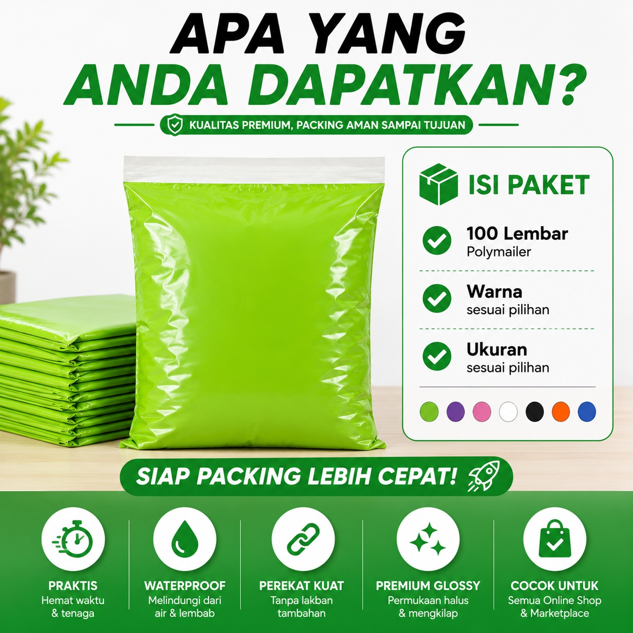 PW-19 Hijau 35x50 Polymailer Kantong Plastik Packing Online Shop 100 Lembar LDPE Premium Tebal Glossy Anti Air Perekat Kuat
