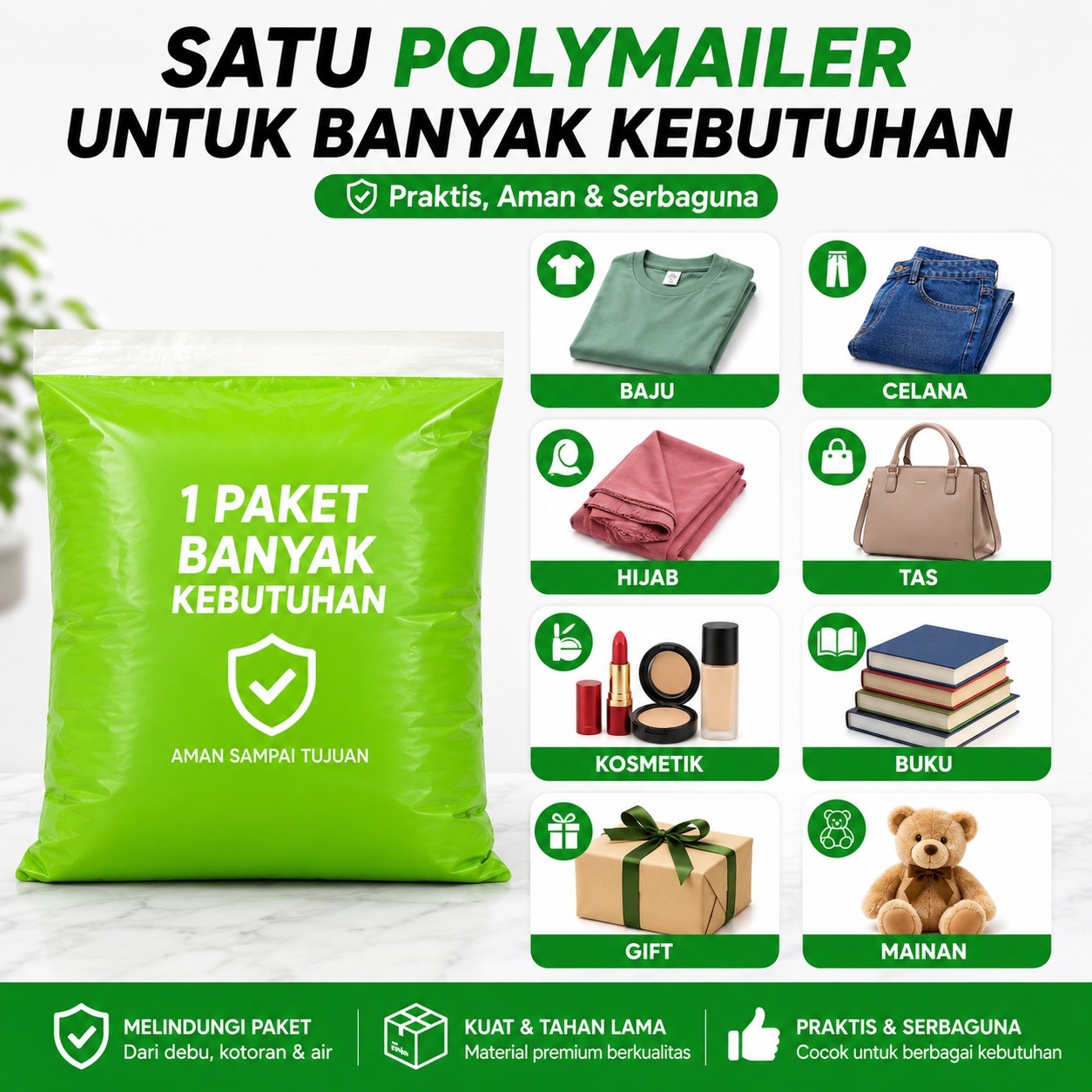 PW-19 Hijau 30x40 Polymailer Kantong Plastik Packing Online Shop 100 Lembar LDPE Premium Tebal Glossy Anti Air Perekat Kuat